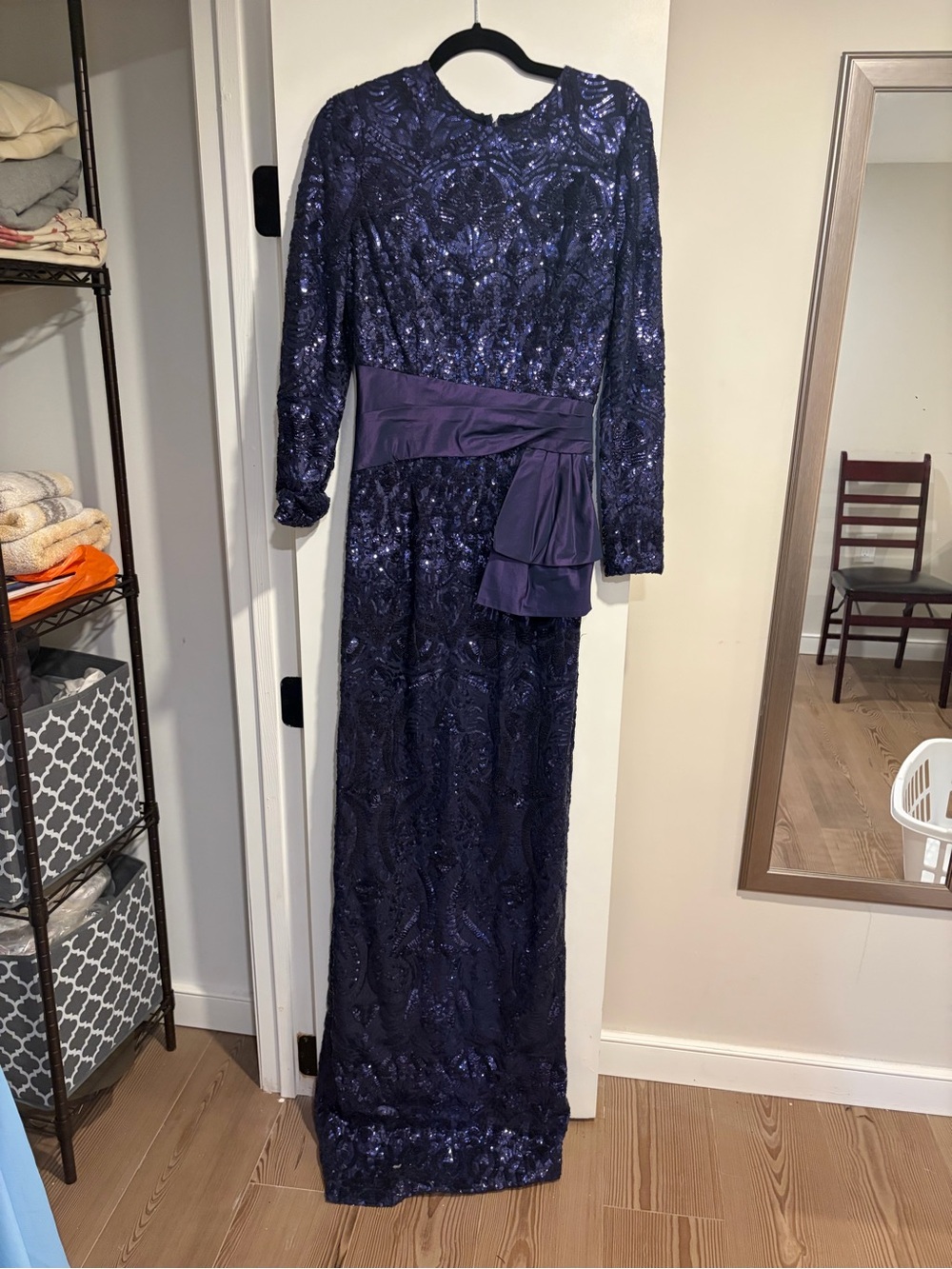 Teri Jon Deep Navy Sequin Long Sleeve Maxi Gown with Waist Sash